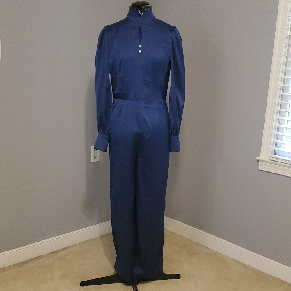 Vintage Navy Blue High Collar Jumpsuit with Wide-Leg Design